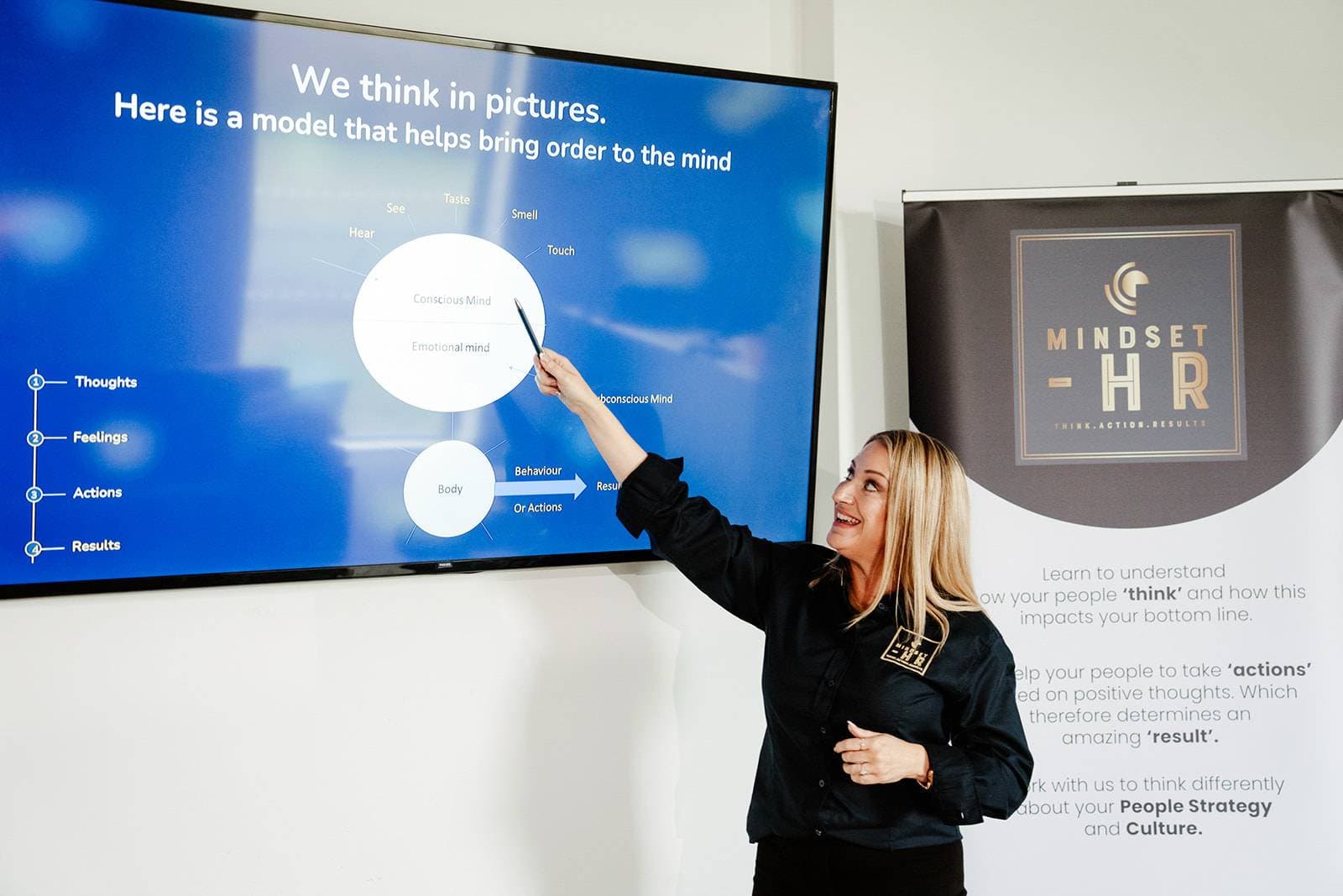 Gemma Crane presenting a slide titled 'We think in pictures' beside a Mindset HR banner